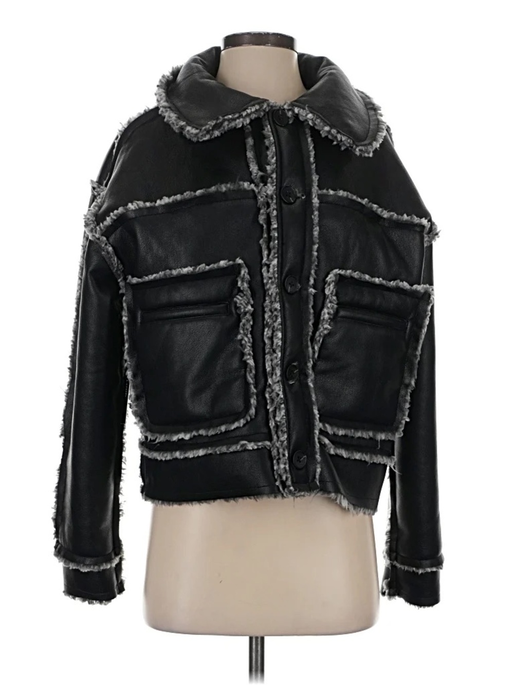 Black Faux Shearling Trim REVERSIBLE Button-Up Jacket
